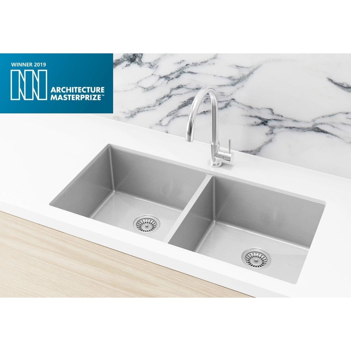 Kitchen Sink Double Bowl 860 x 440 in Brushed Nickel - finish and profile close-up
