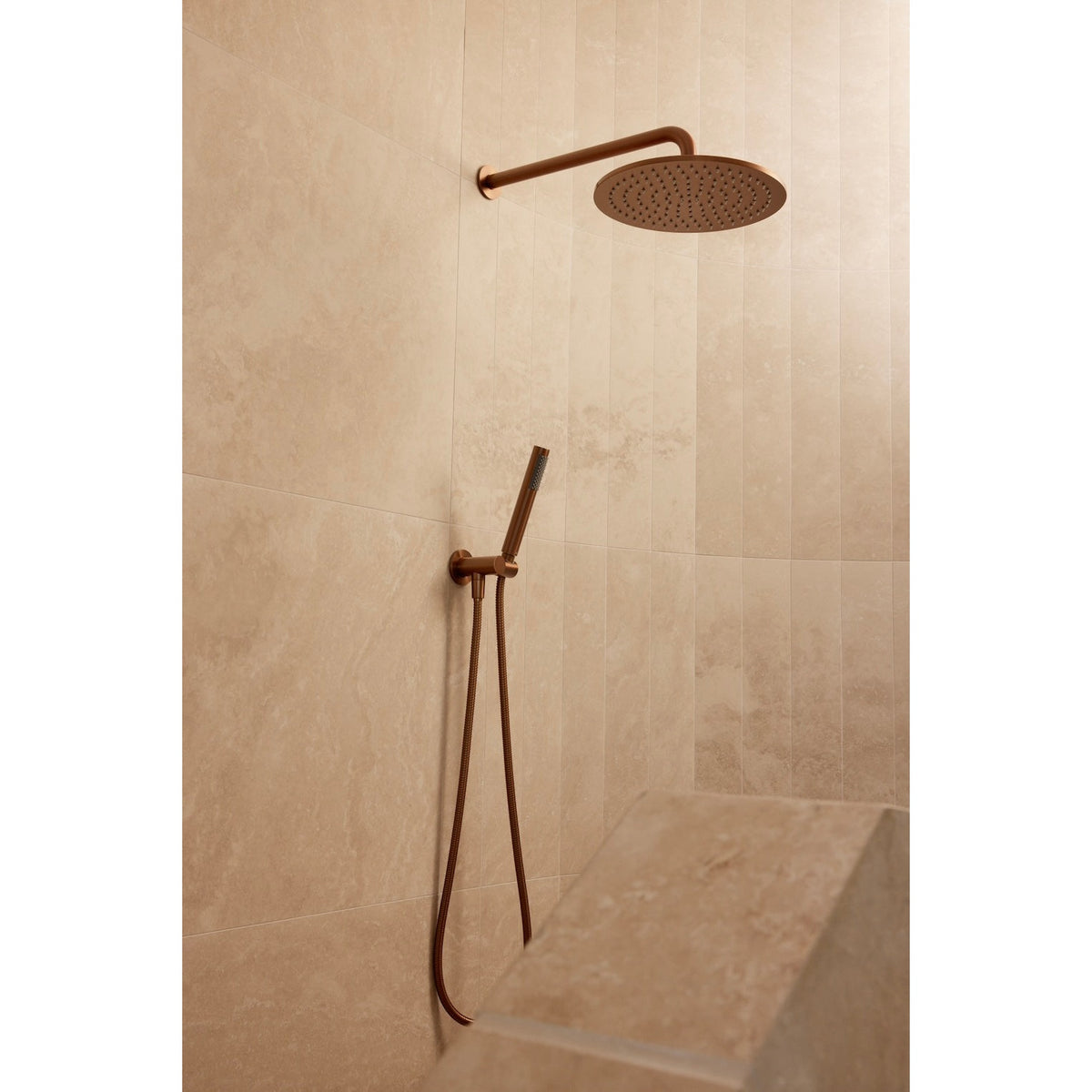 Round Shower on Bracket in Lustre Bronze - side profile view