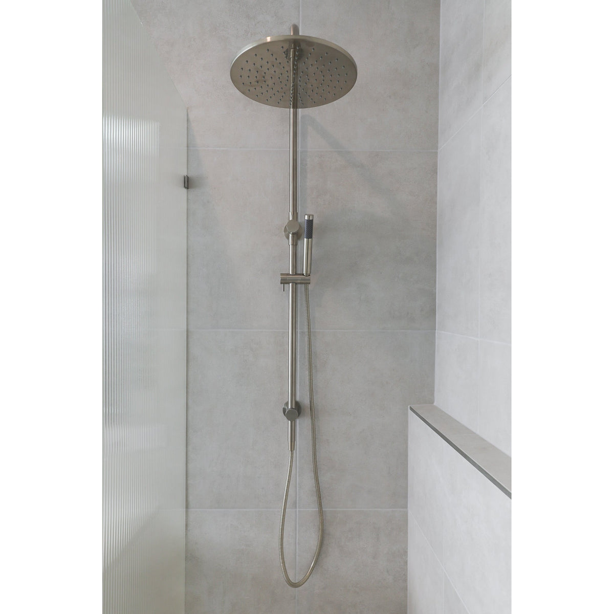 Round Combination Shower Rail 300mm Rose, Single Function Hand Shower in Brushed Nickel - side profile view