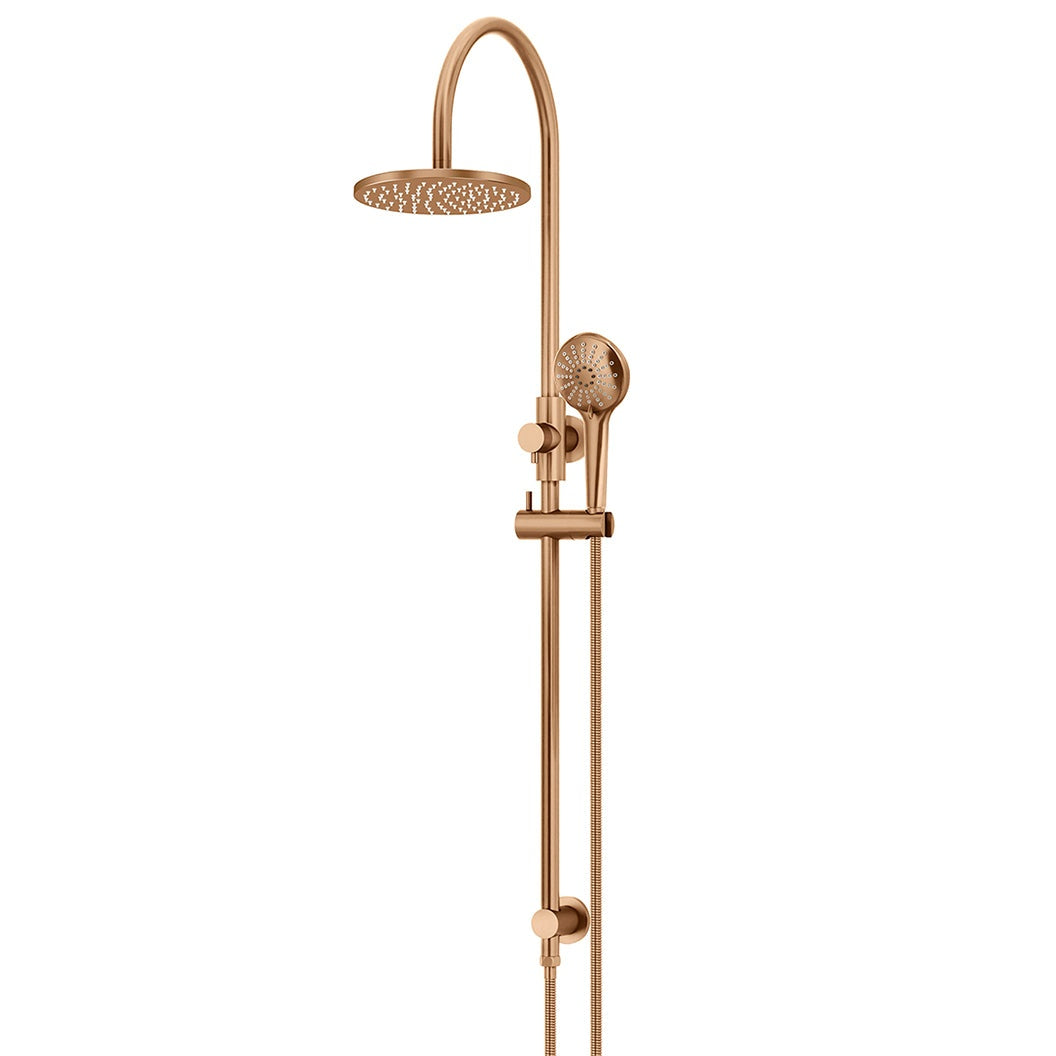 200mm Round Overhead Shower Rail, Three Function Hand Shower - Lustre Bronze
