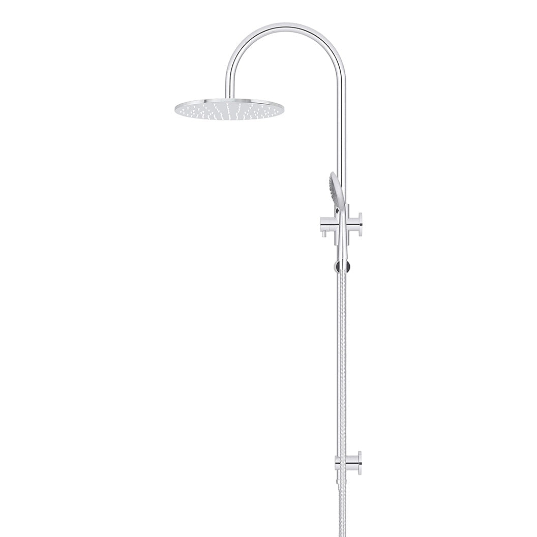300mm Round Overhead Shower Rail, Three Function Hand Shower - finish and profile close-up