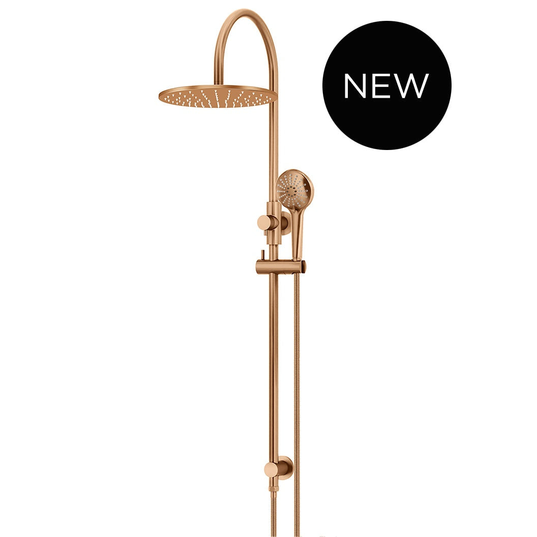 300mm Round Overhead Shower Rail, Three Function Hand Shower in Tiger Bronze - side profile view
