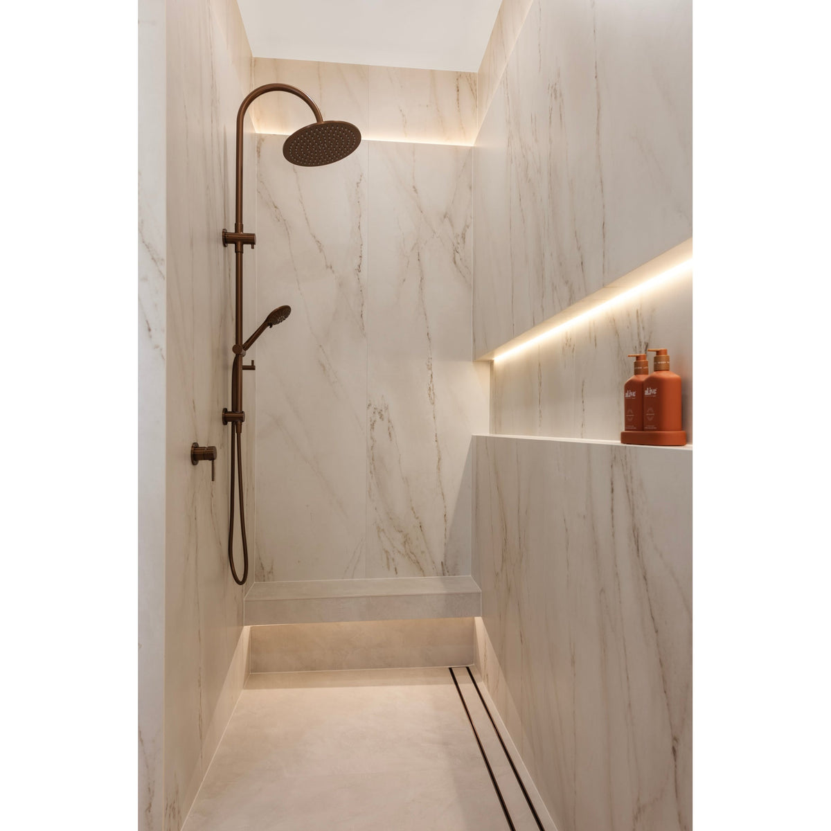 300mm Round Overhead Shower Rail, Three Function Hand Shower - Lustre Bronze