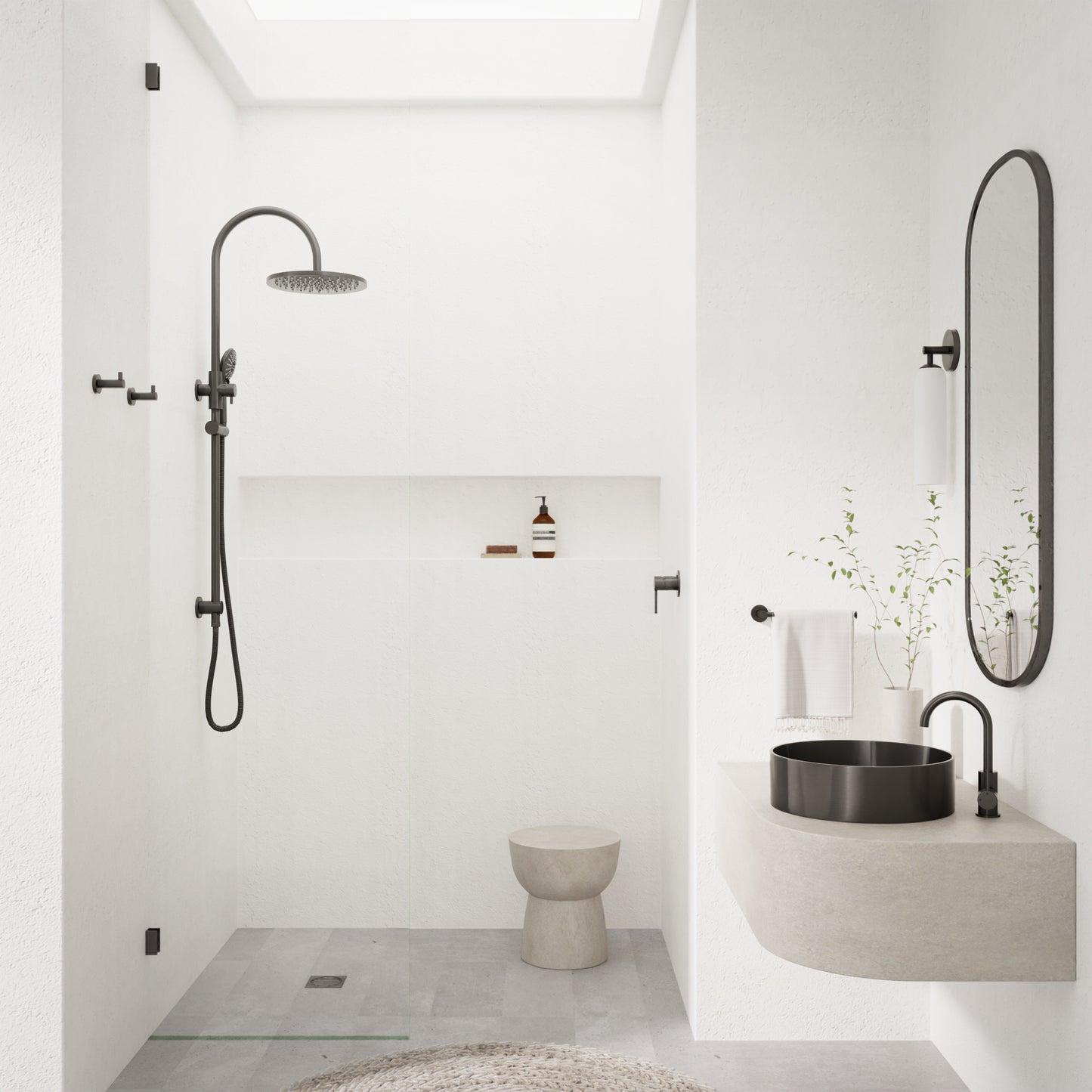 300mm Round Overhead Shower Rail, Three Function Hand Shower - Shadow