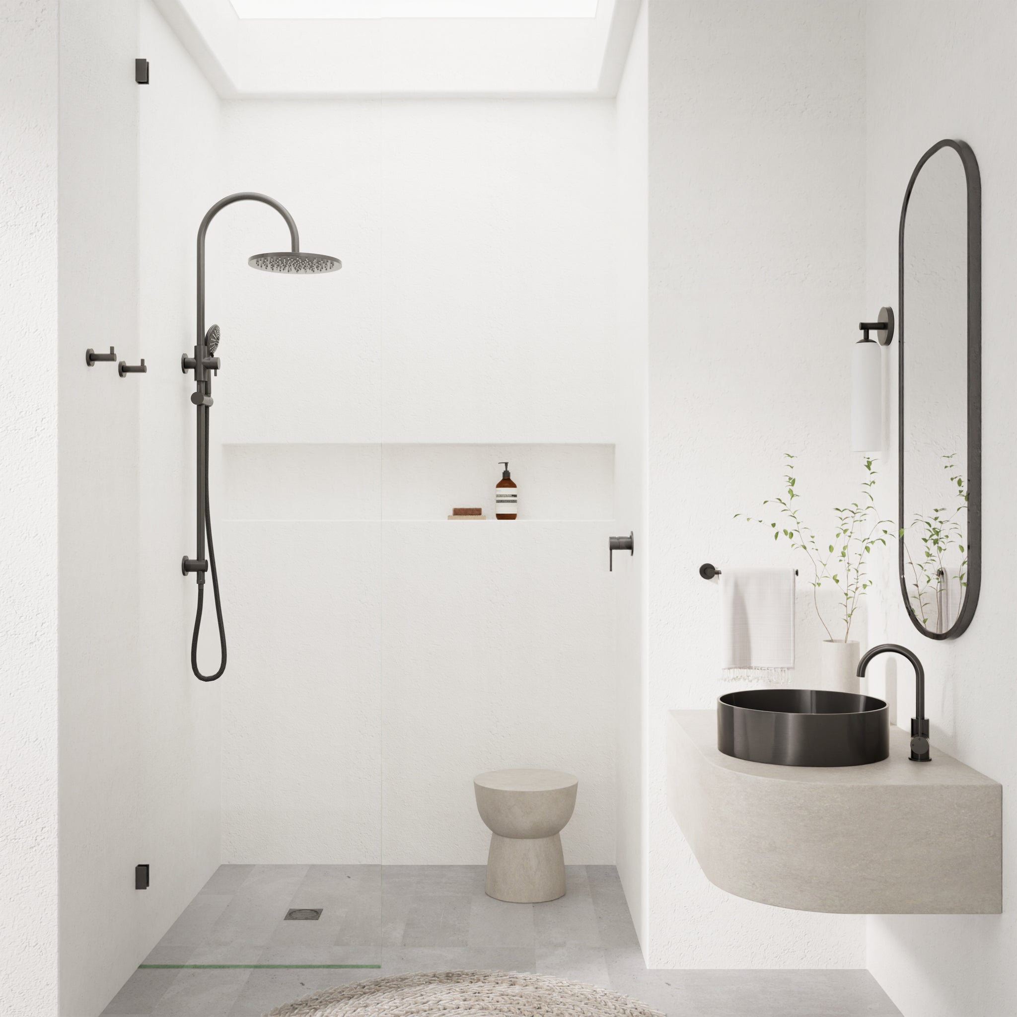 300mm Round Overhead Shower Rail, Three Function Hand Shower - Shadow