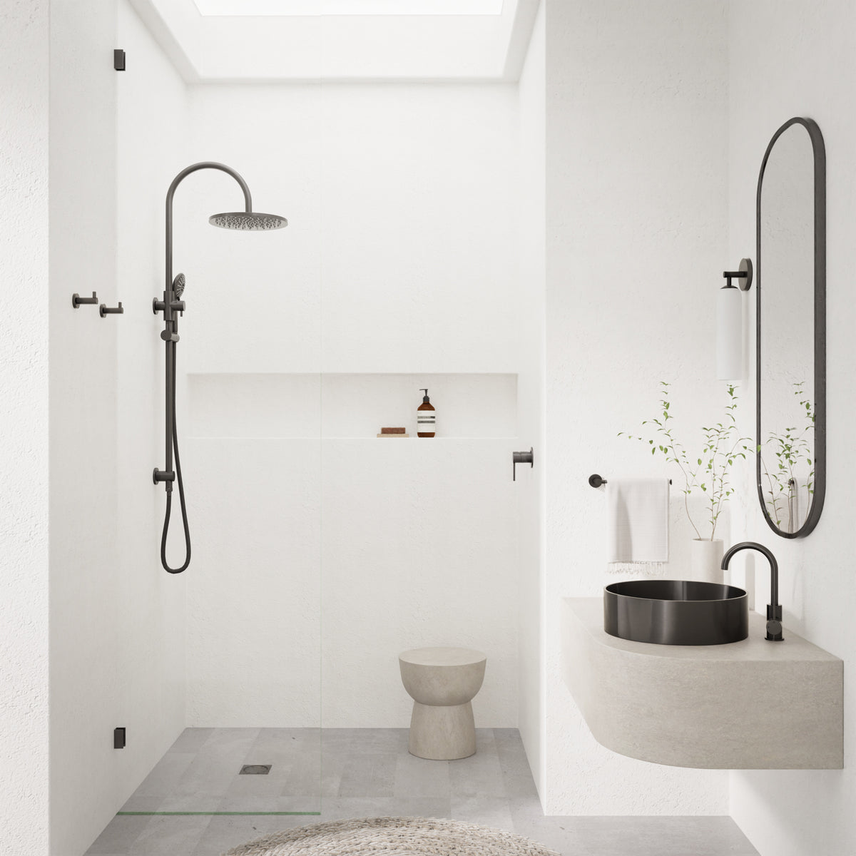 300mm Round Overhead Shower Rail, Three Function Hand Shower - Shadow