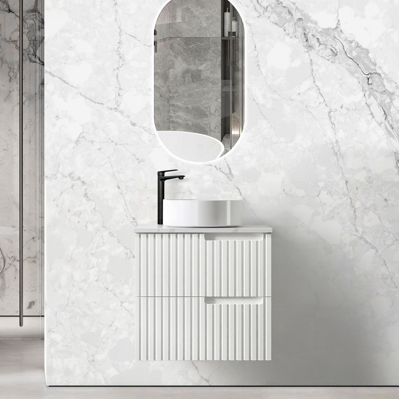 Noosa Fluted 600mm Satin White Wall Hung Vanity