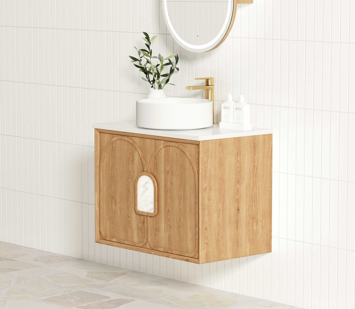 Laguna 600mm Natural American Oak Wall Hung Vanity - angled product view