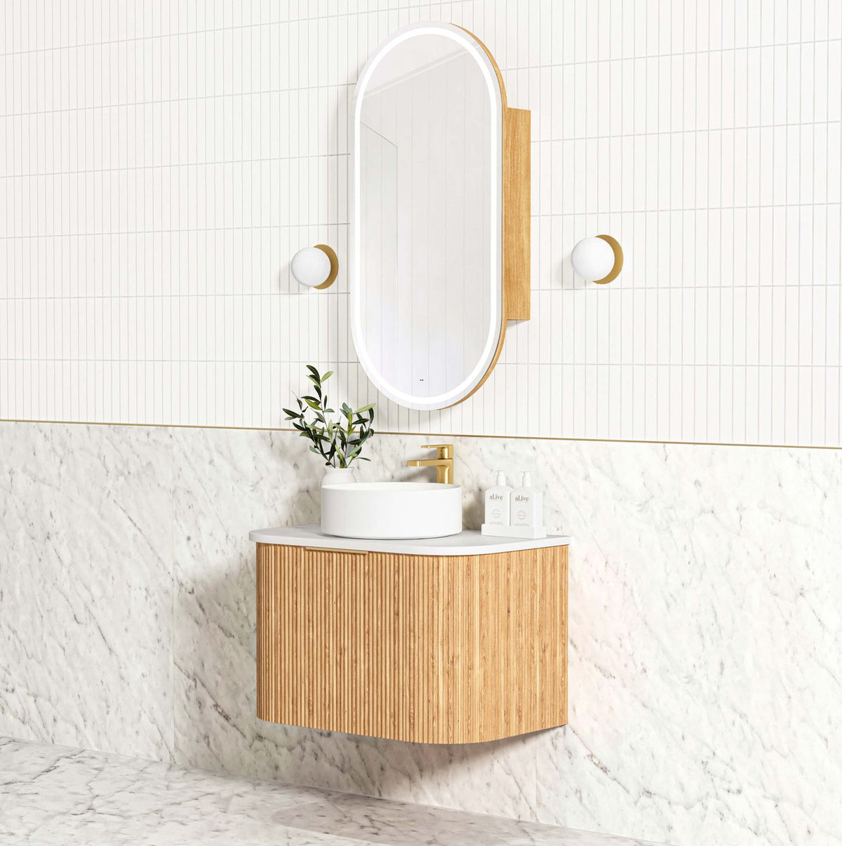 Bondi 750mm Woodland Oak Fluted Curve Vanity (12TH & NTH Only) - close-up detail view