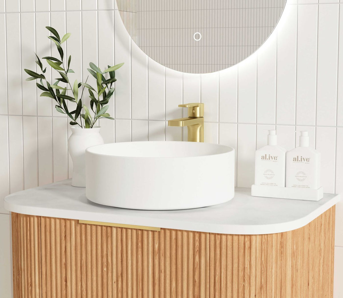 Bondi 750mm Woodland Oak Fluted Curve Vanity (12TH & NTH Only) - side profile view