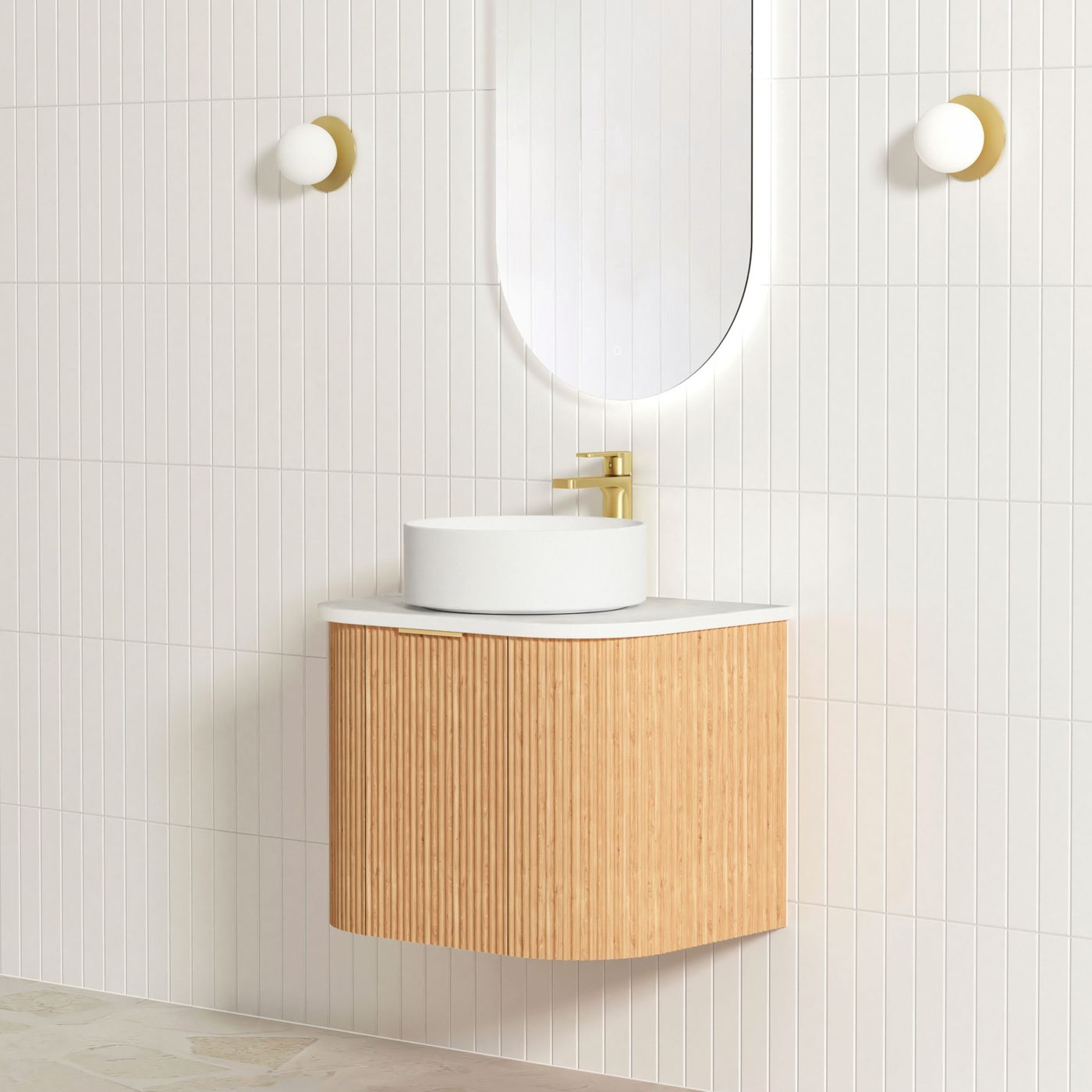Bondi 600mm Woodland Oak Fluted Curve Vanity (12TH & NTH Only)