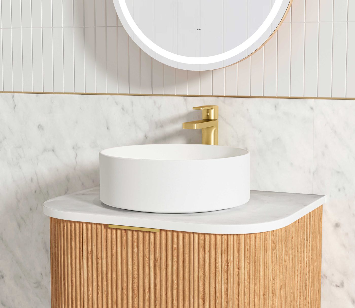Bondi 600mm Woodland Oak Fluted Curve Vanity (12TH & NTH Only)