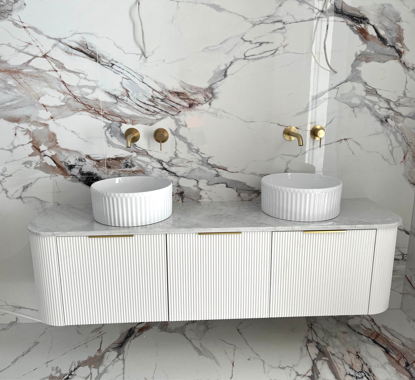 Bondi 1800mm Satin White Fluted Wall Hung Curve Vanity