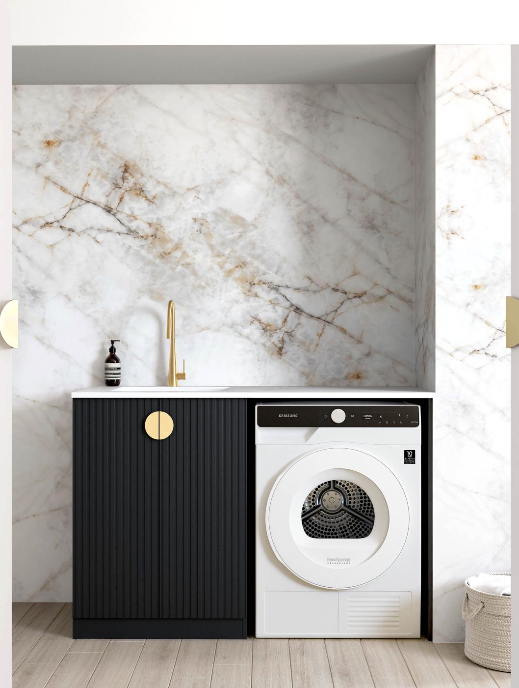 Marlo Black Base Laundry Cabinet with Stone Top and Sink 1300x600x900