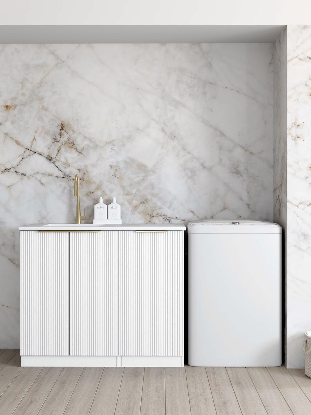 Bondi Fluted White Base Laundry Cabinet with Stone Top and Sink 1060x600x900