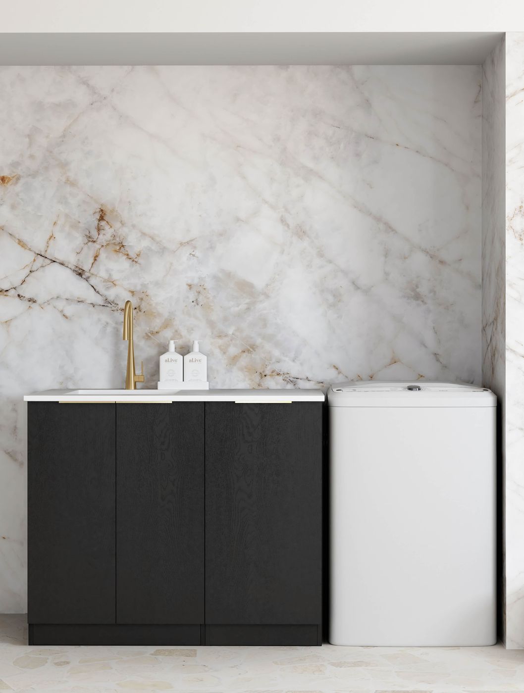 Byron/Bondi Black Oak Base Laundry Cabinet with Stone Top and Sink 1060x600x900 - front view