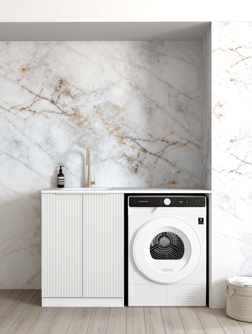 Bondi Fluted White Base Laundry Cabinet with Stone Top and Sink 1300x600x900