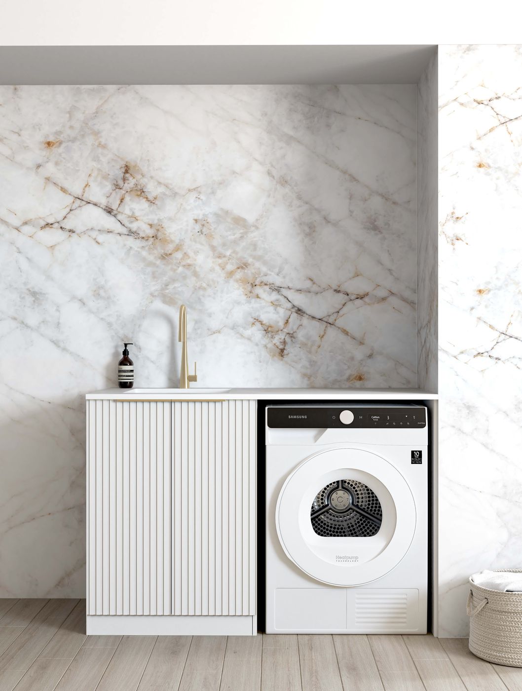 Noosa Fluted White Base Laundry Cabinet with Stone Top and Sink 1300x600x900