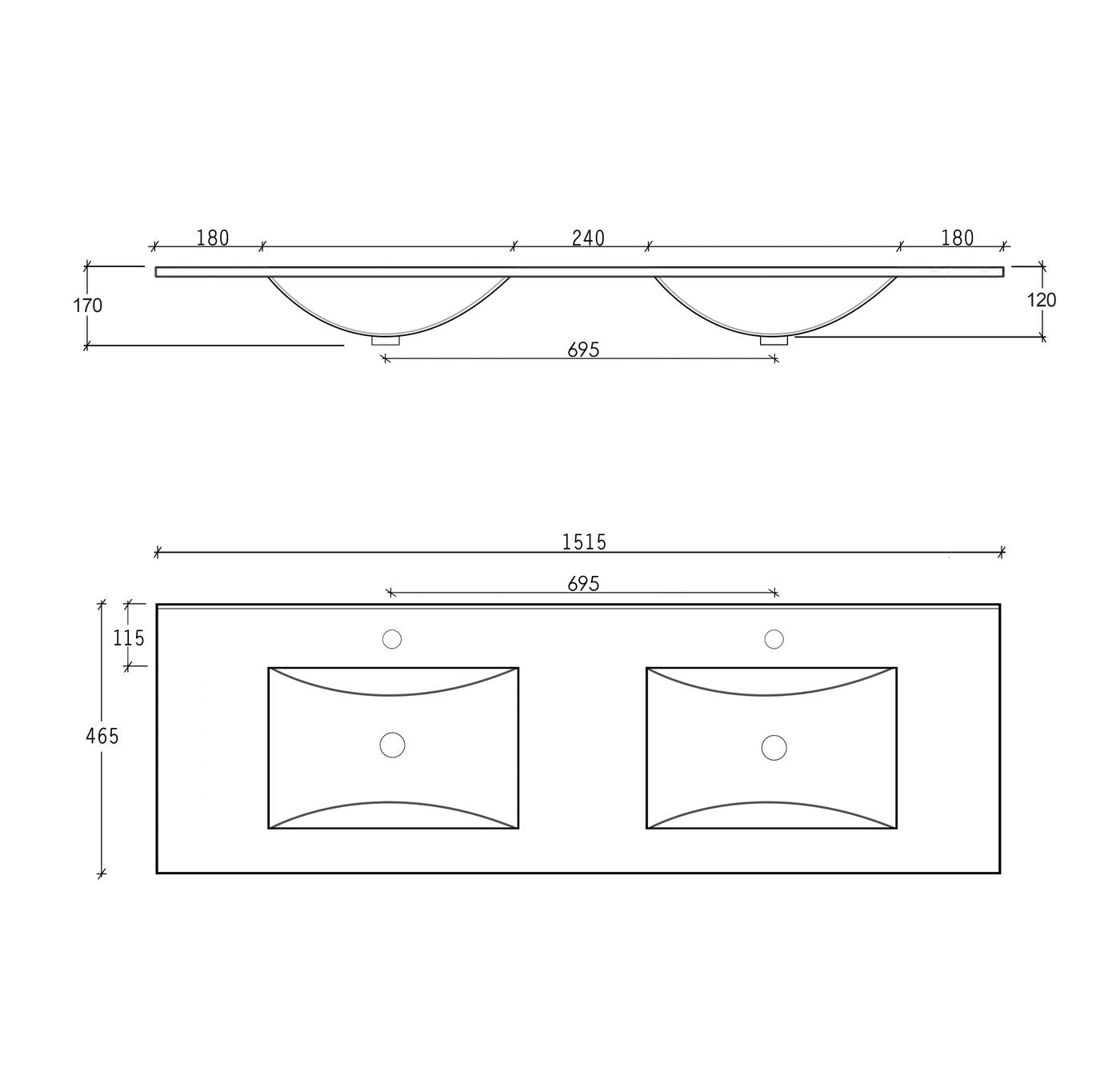 Slim Line Ceramic Top Double Bowl 1500x460x170 with Taphole & Overflow