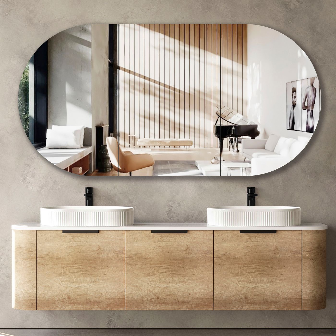 Bondi 1800mm Natural Oak Wall Hung Curve Vanity