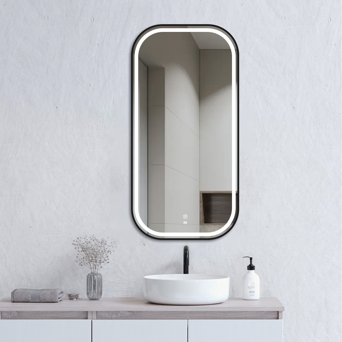 LED Newport 900(H)x450(W) Black Metal Frame Tuffi Mirror Soft Square