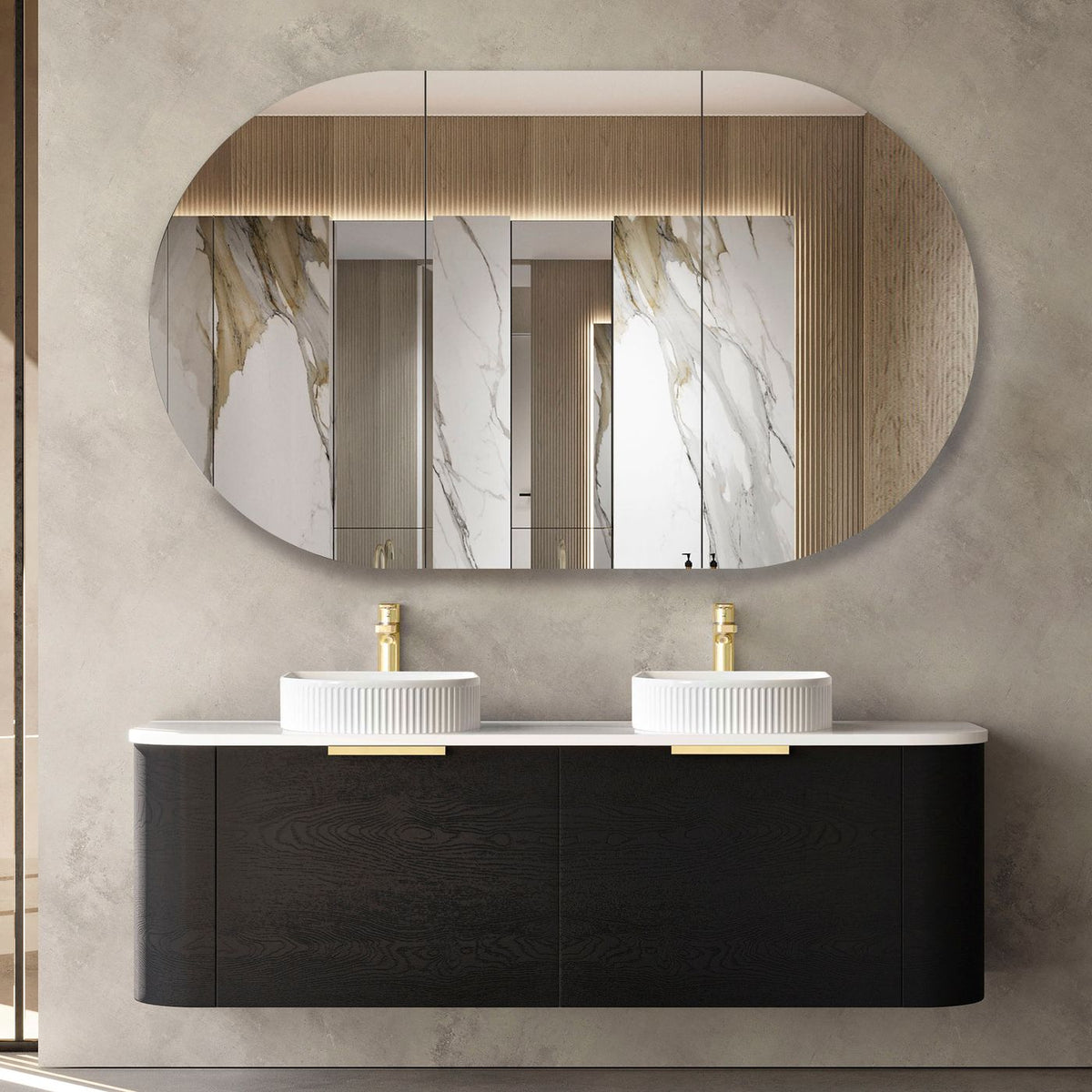 Bondi 1500mm Black Oak Wall Hung Curve Vanity - side profile view (12 of 19)