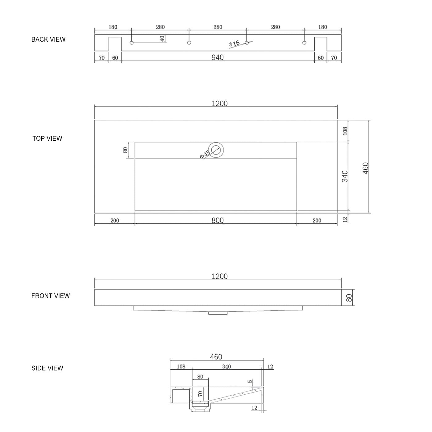 Moonlight 1200mm Solid Surface Top