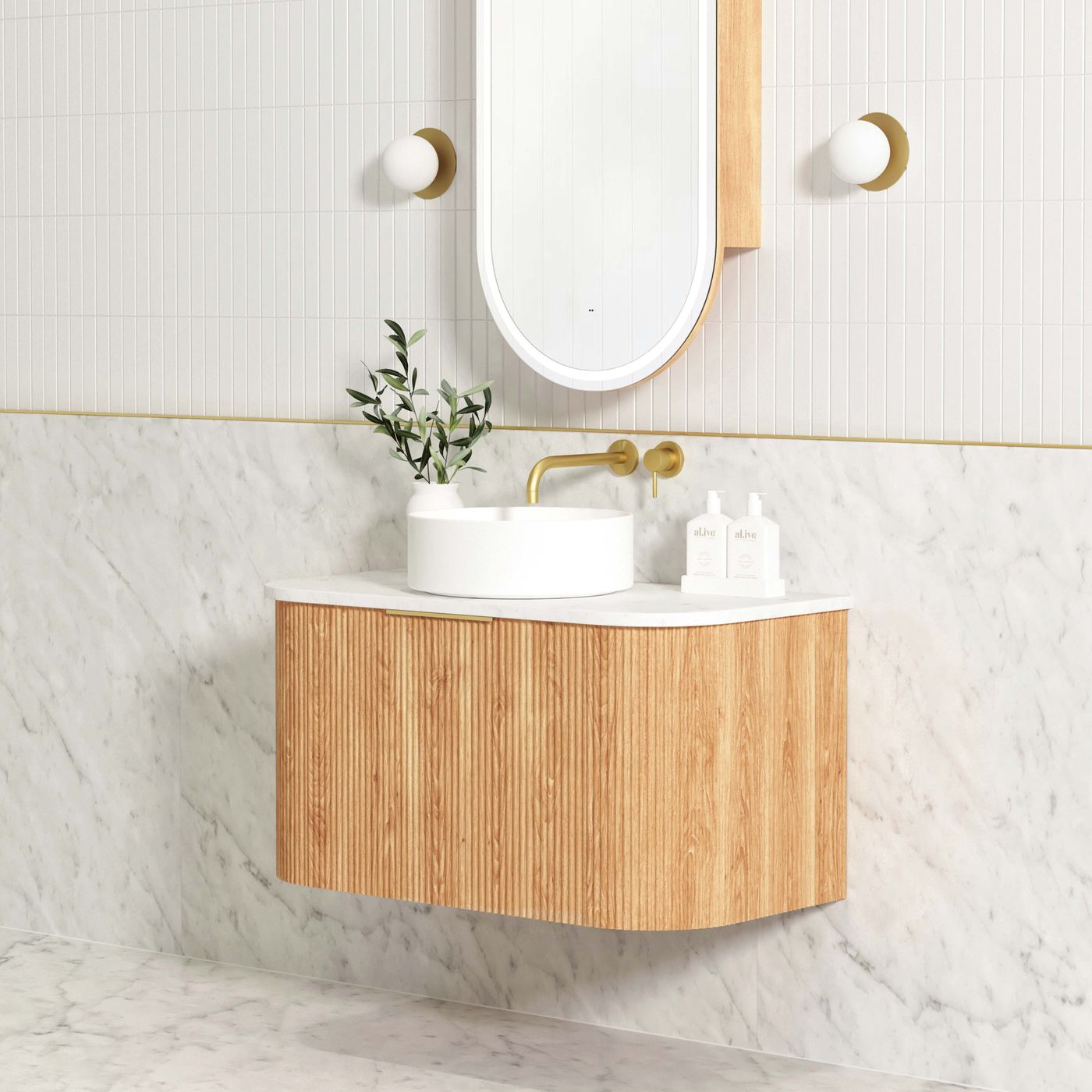 Bondi 900mm Woodland Oak Fluted Curve Vanity