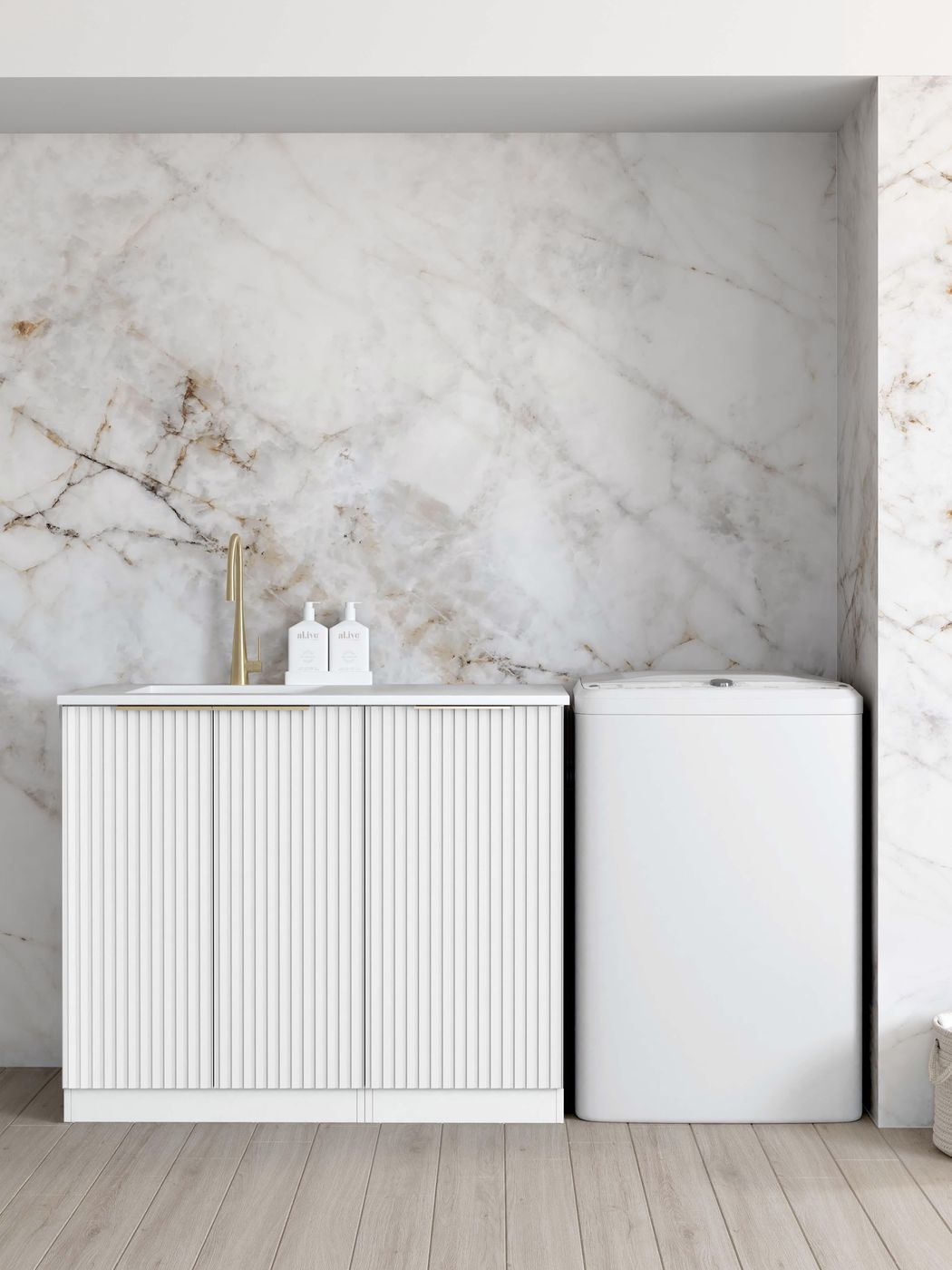 Noosa Fluted White Base Laundry Cabinet with Stone Top and Sink 1060x600x900