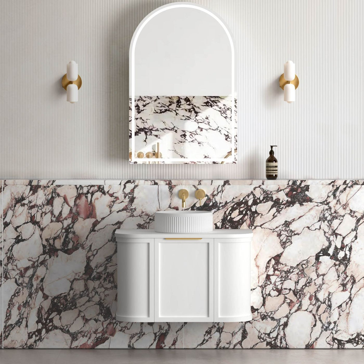 Hampshire 750mm Satin White Wall Hung Curve Vanity (12TH & NTH Only) - angled product view