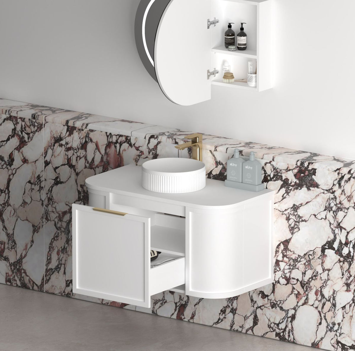 Hampshire 900mm Satin White Wall Hung Curve Vanity - close-up detail view