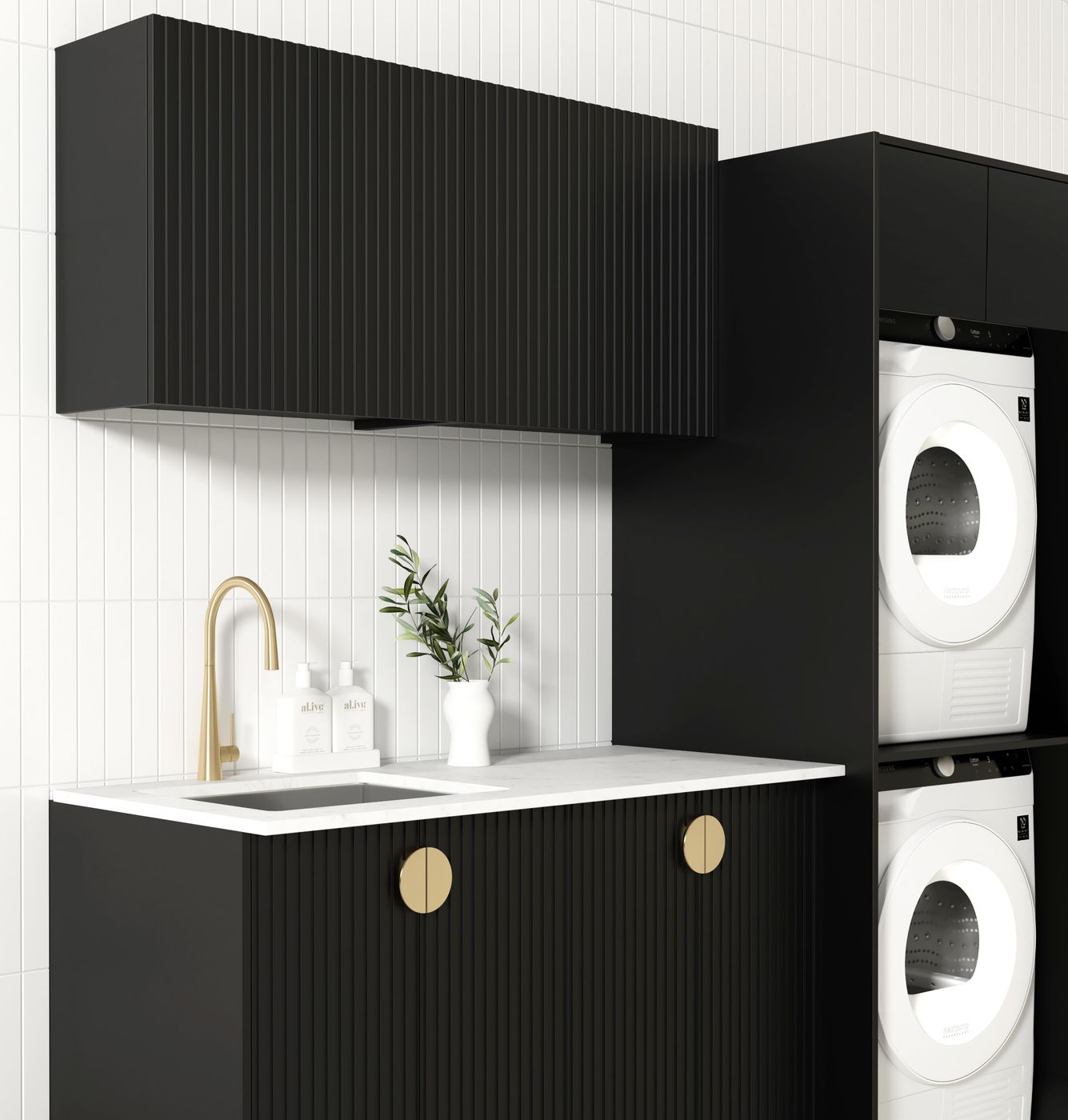 Marlo Fluted Black Laundry Kit 1960x600x2100