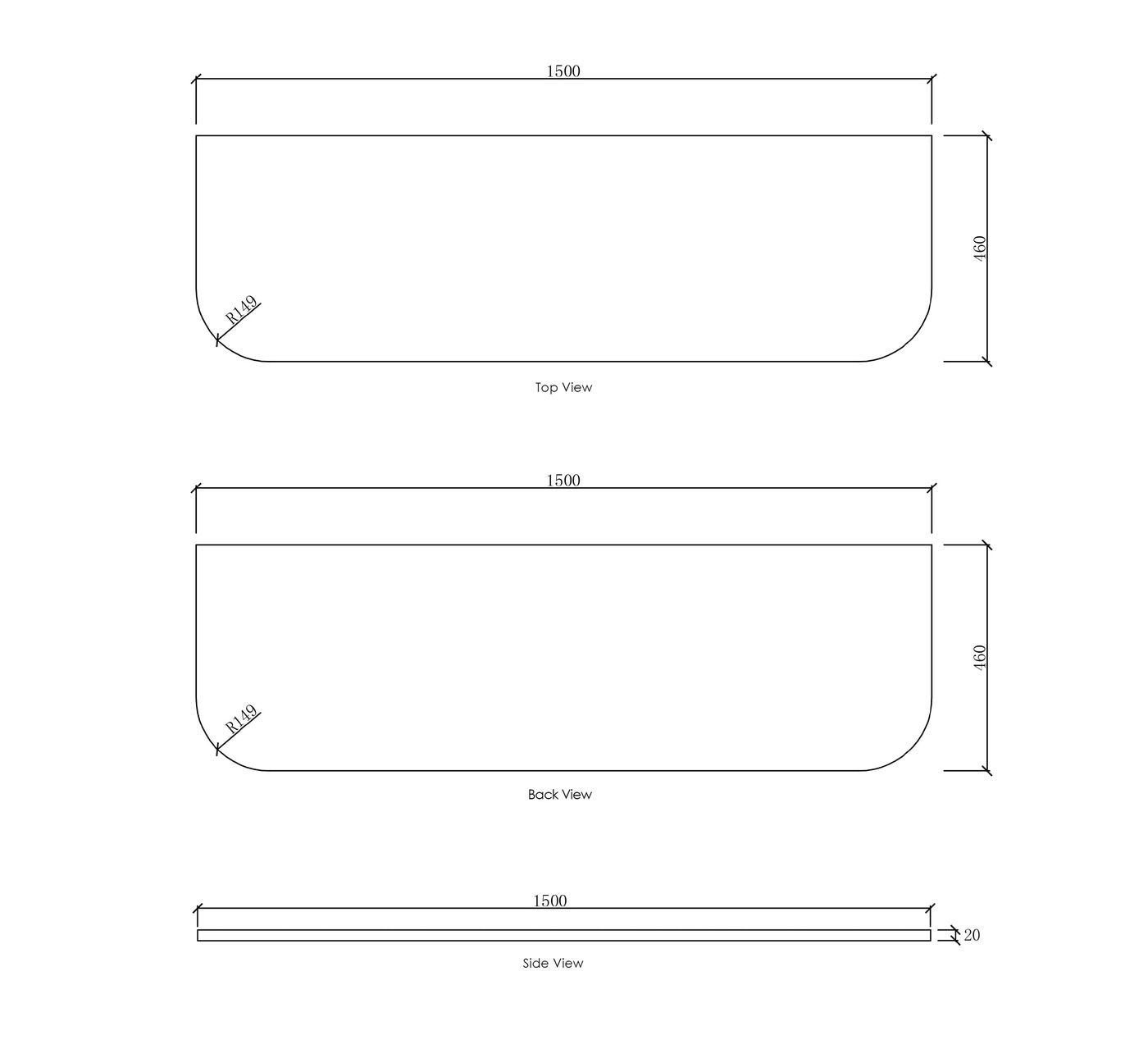 Bondi 1500x460x20 Solid Surface Matte White Top No Hole
