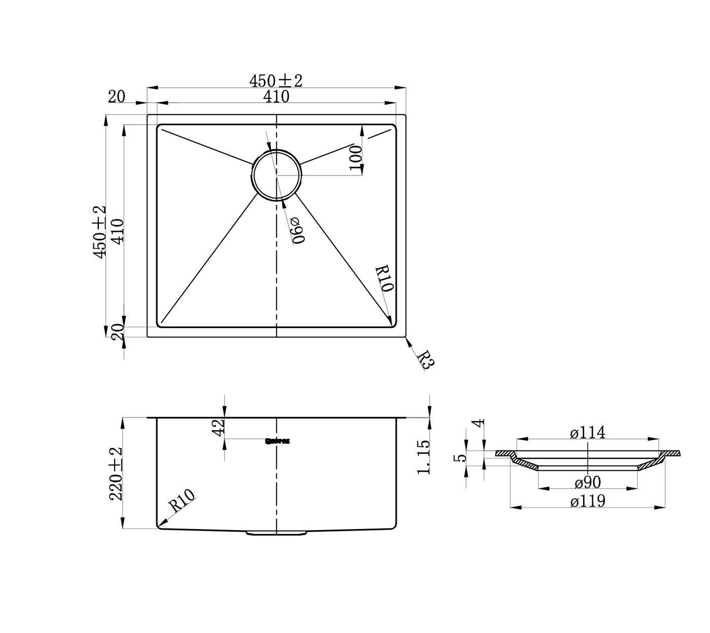 Axon Sink 45S 450x450x220 Argent Gold