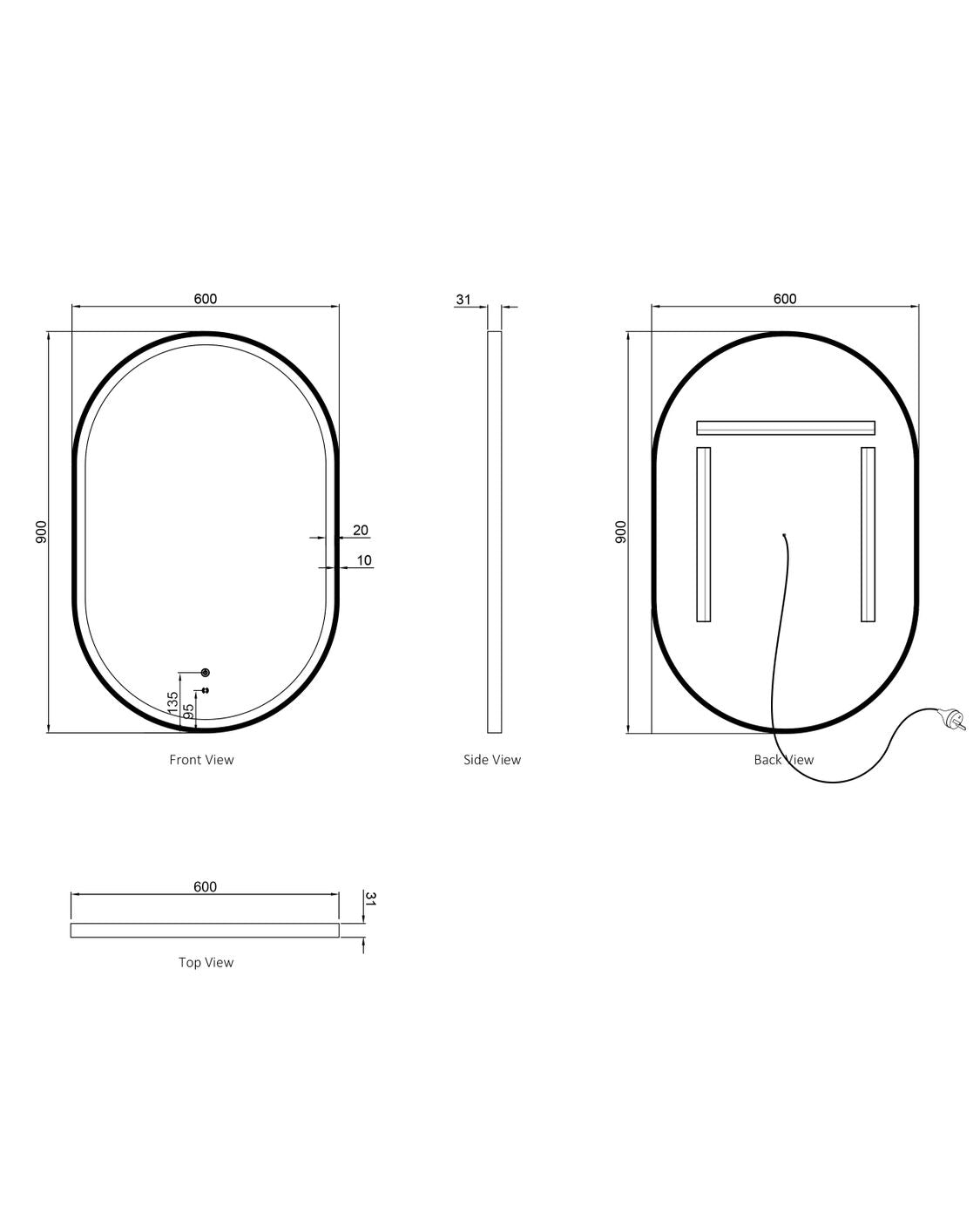 LED Noosa 900(H)x600(W) Black Metal Frame Tuffi Mirror- Install Horizontal or Vertical