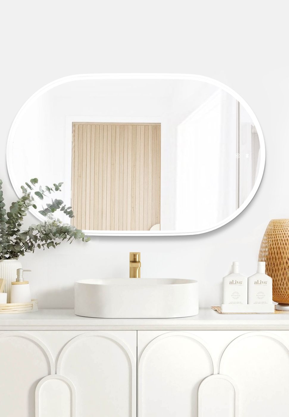 LED Noosa 900(H)x600(W) White Metal Frame Tuffi Mirror- Install Horizontal or Vertical