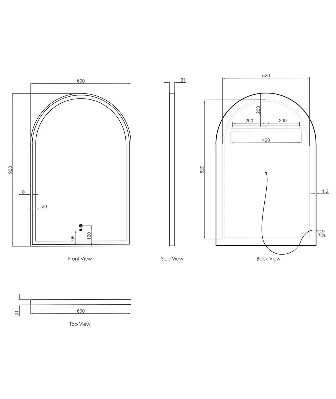 LED Archie 900(H)x600(W) White Metal Frame Tuffi Mirror