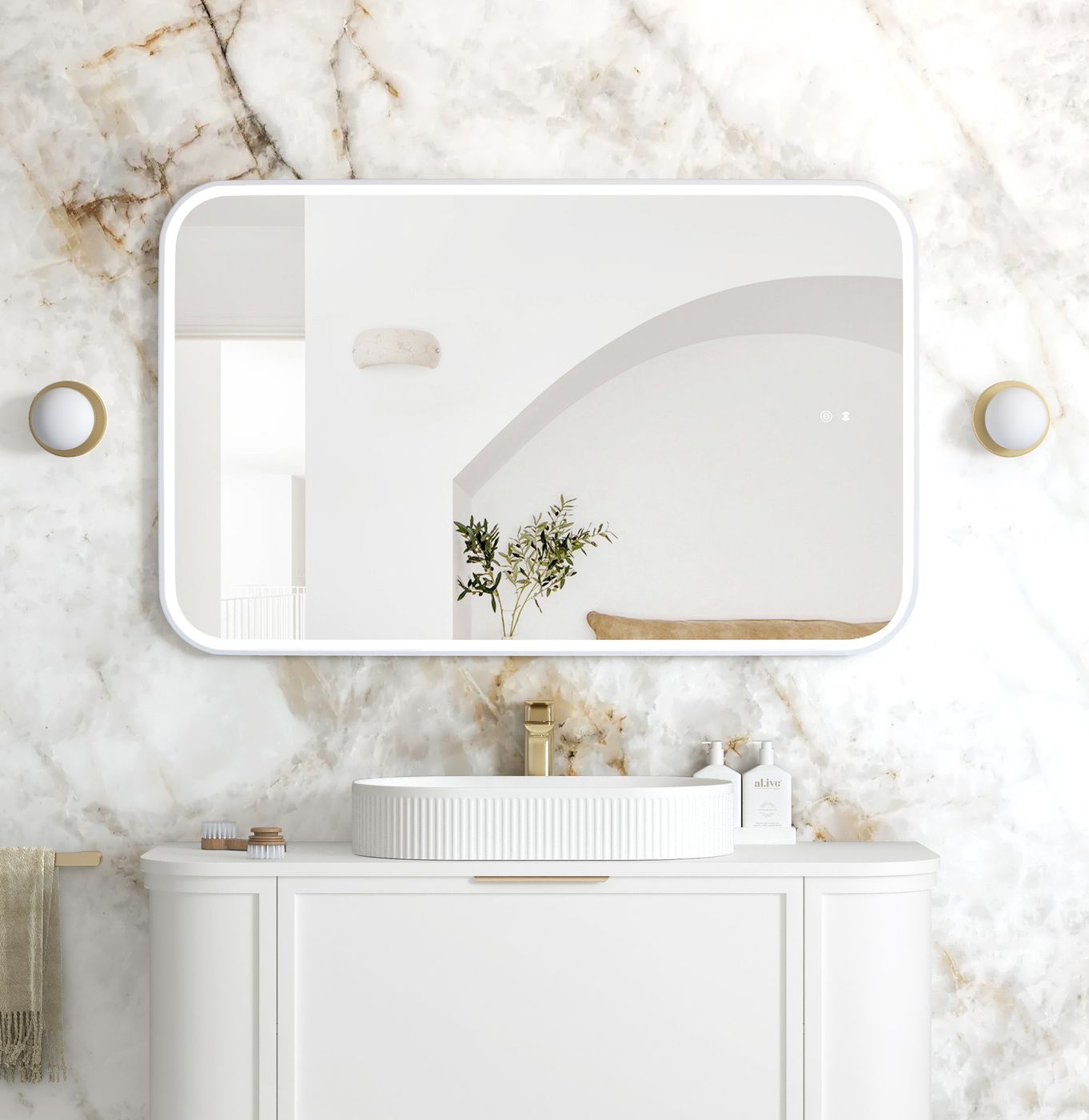 LED Newport 1200(W)x750(H) White Metal Frame Tuffi Mirror- Install Horizontal or Vertical
