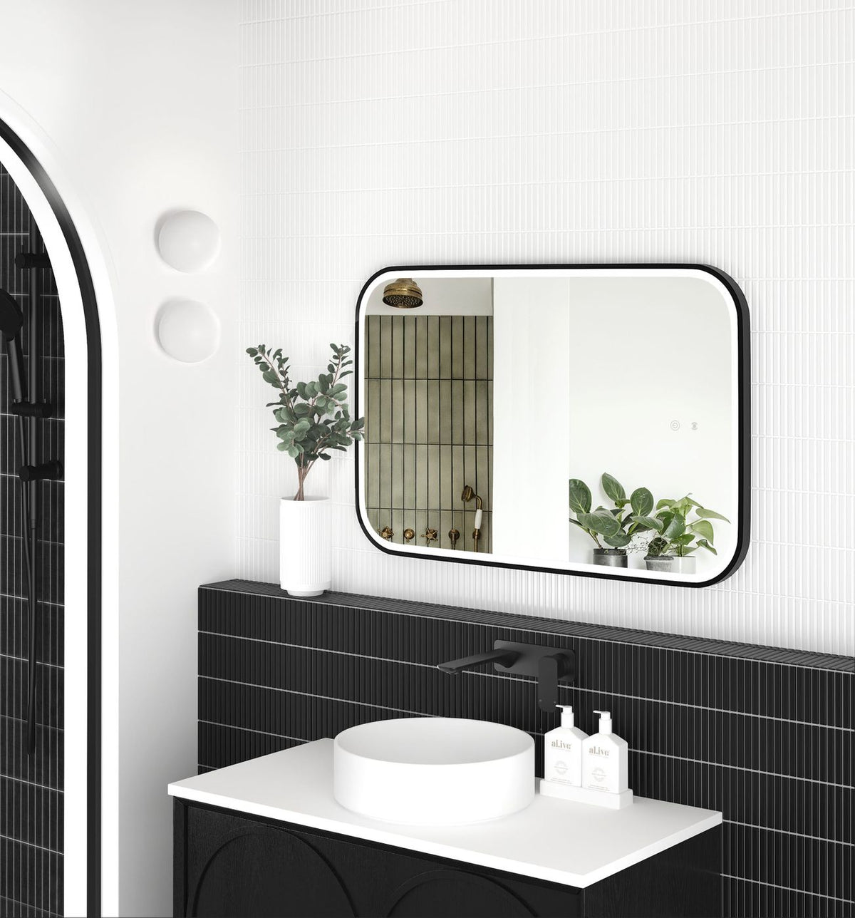 LED Newport 900(H)x600(W) Black Metal Frame Tuffi Mirror- Install Horizontal or Vertical - angled product view