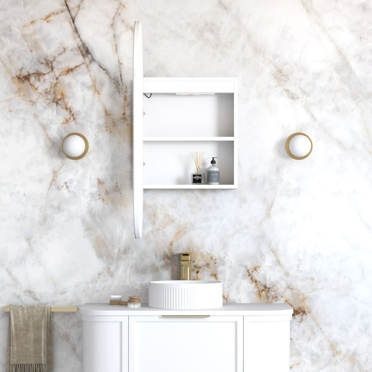 LED Noosa 900(H)x450(W) White Shaving Cabinet - Premium Edition - close-up detail view