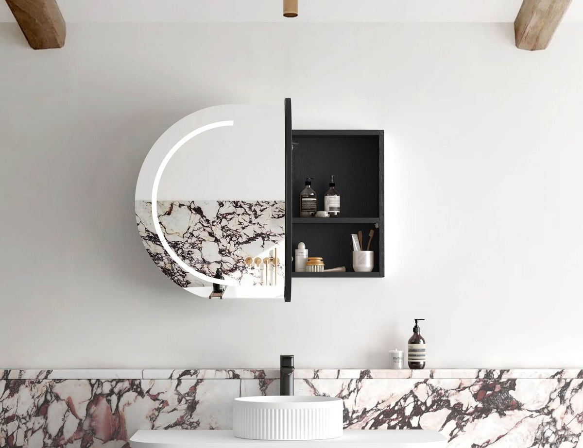 LED Bondi 900(W)x600(H) Black Oak Shaving Cabinet - Premium Edition - angled product view