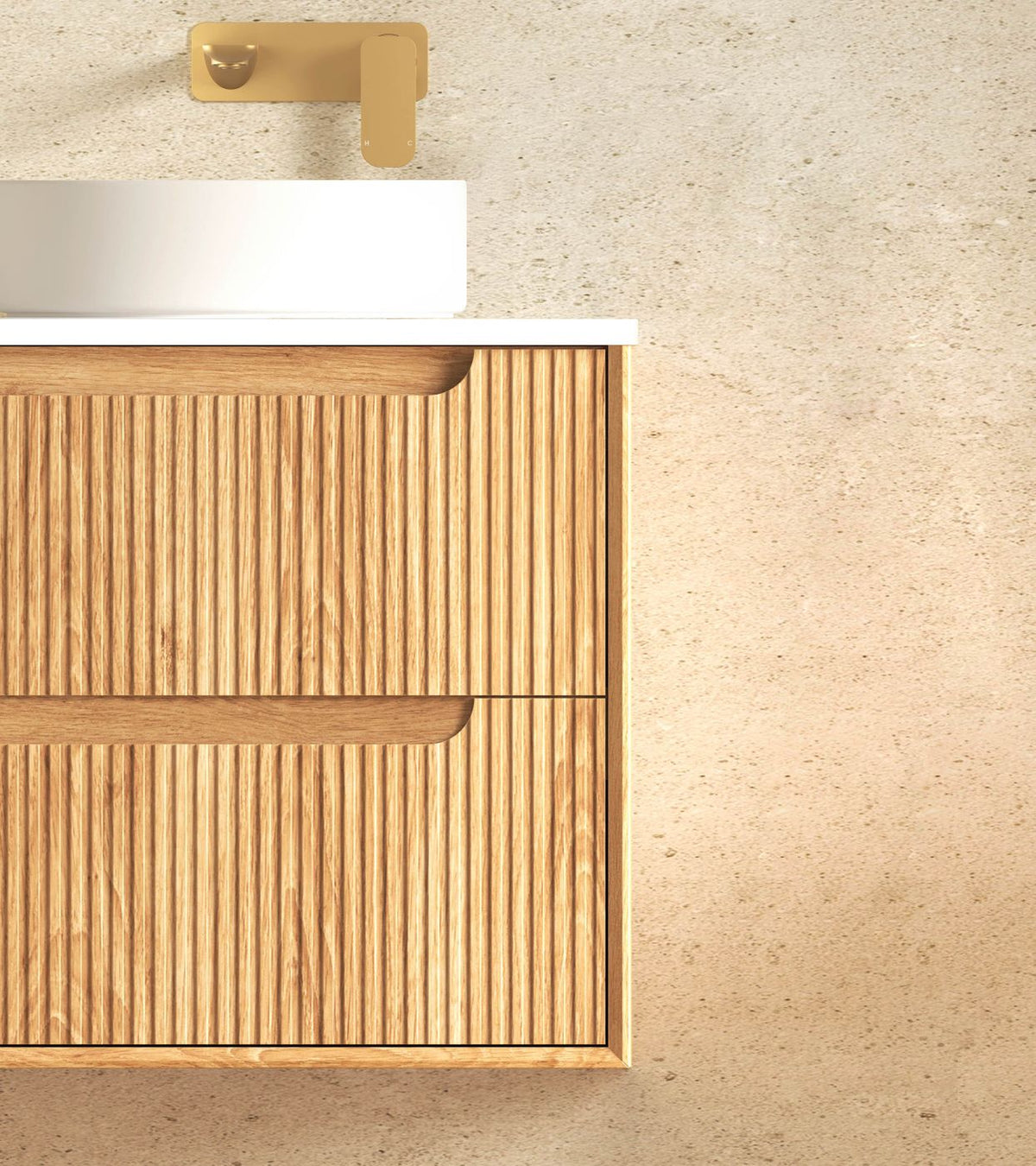 Byron Fluted 600mm Woodland Oak Wall Hung Vanity - side profile view