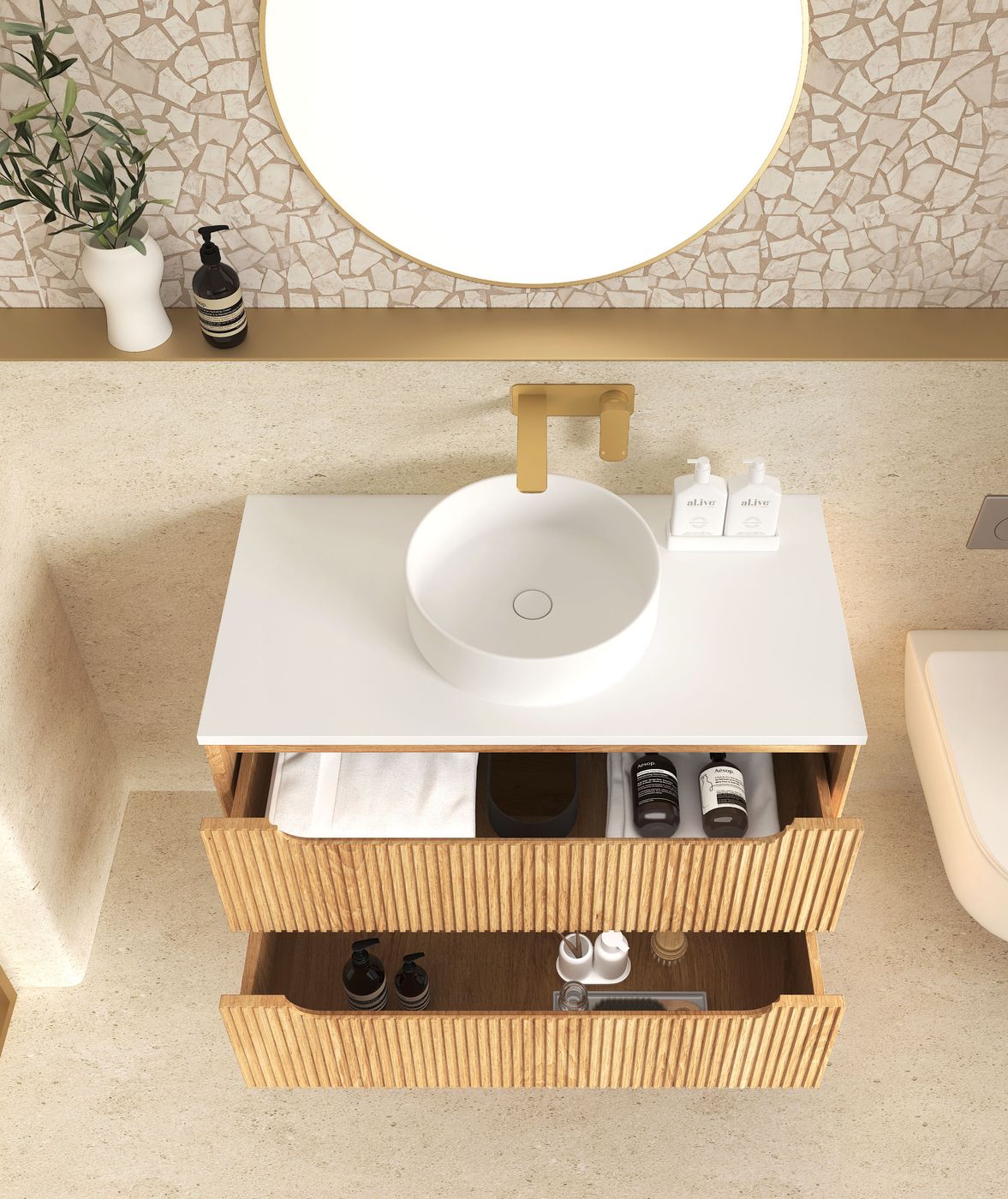 Byron Fluted 750mm Woodland Oak Wall Hung Vanity - close-up detail view