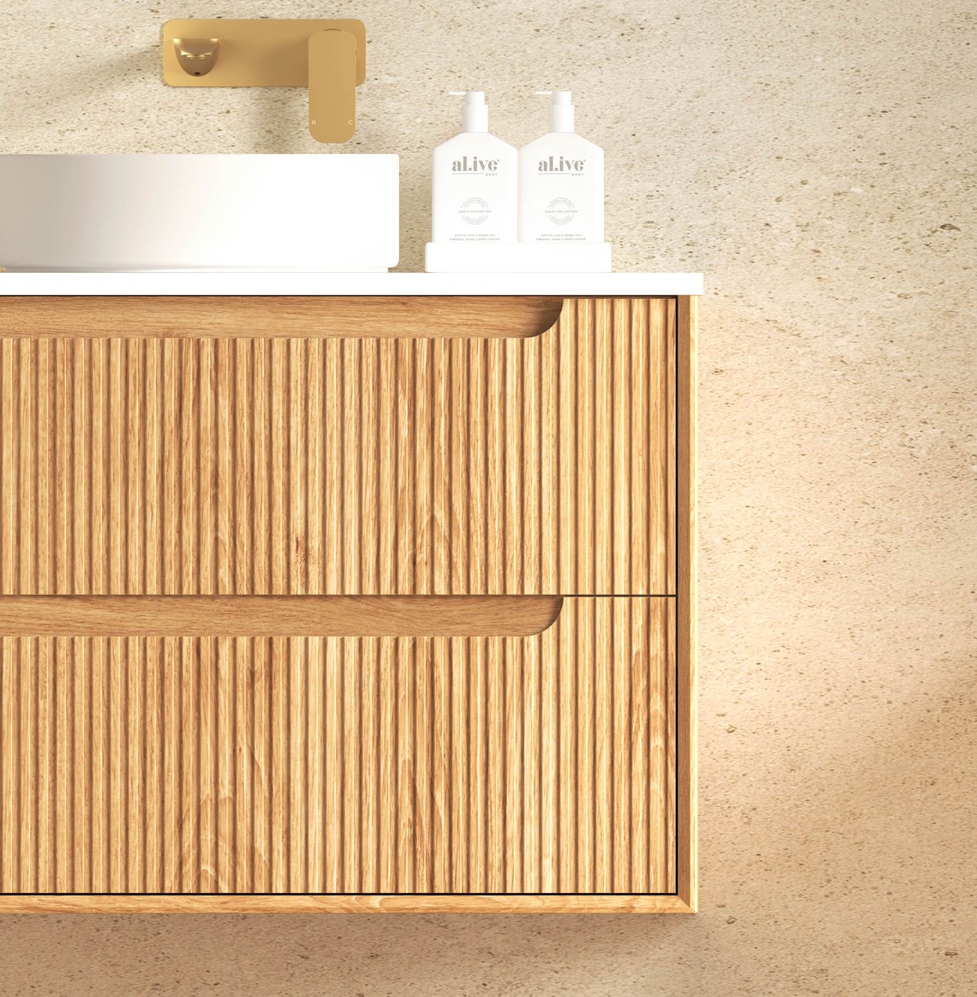 Byron Fluted 1200mm Woodland Oak Four Drawer Wall Hung Vanity