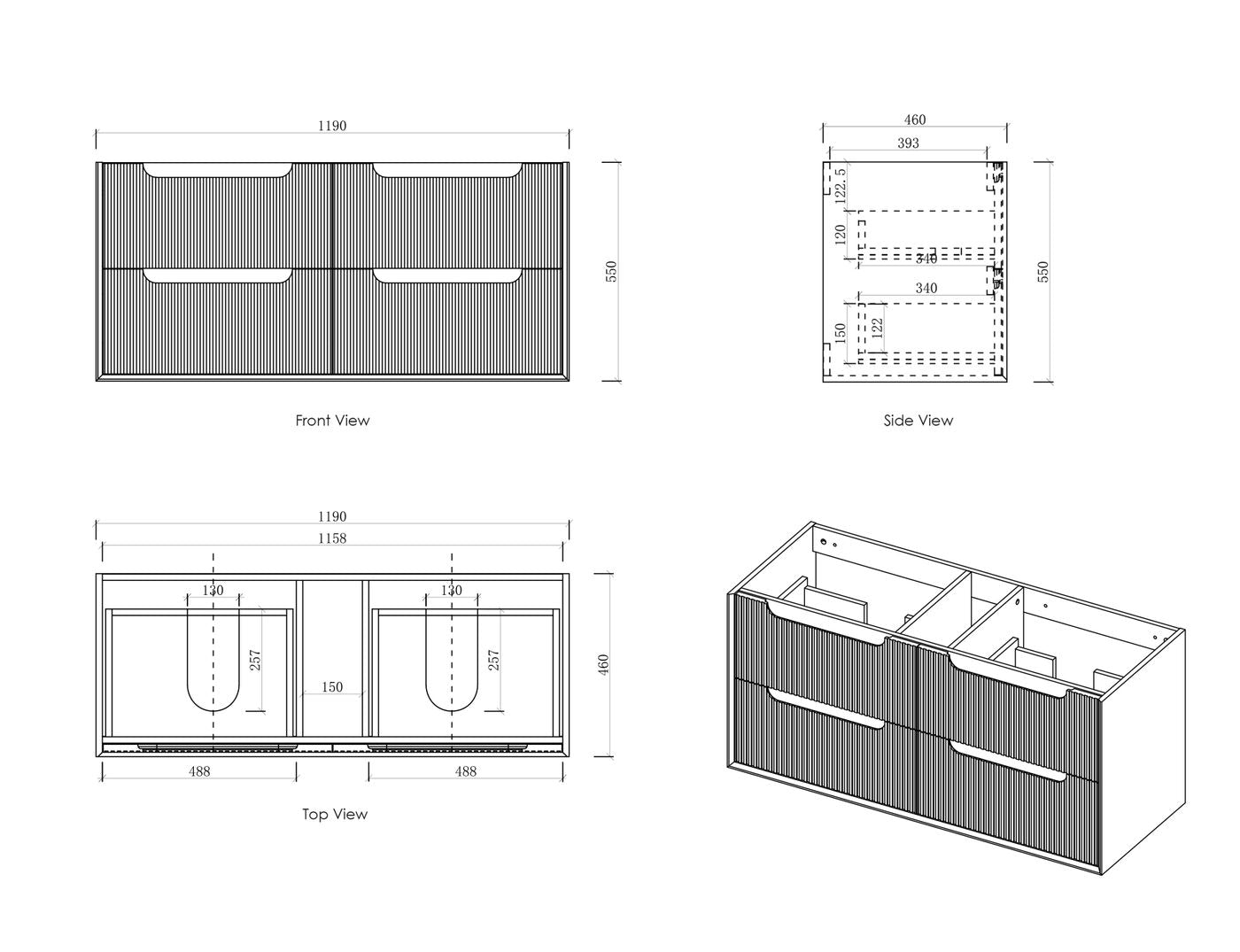 Byron Fluted 1200mm Woodland Oak Four Drawer Wall Hung Vanity