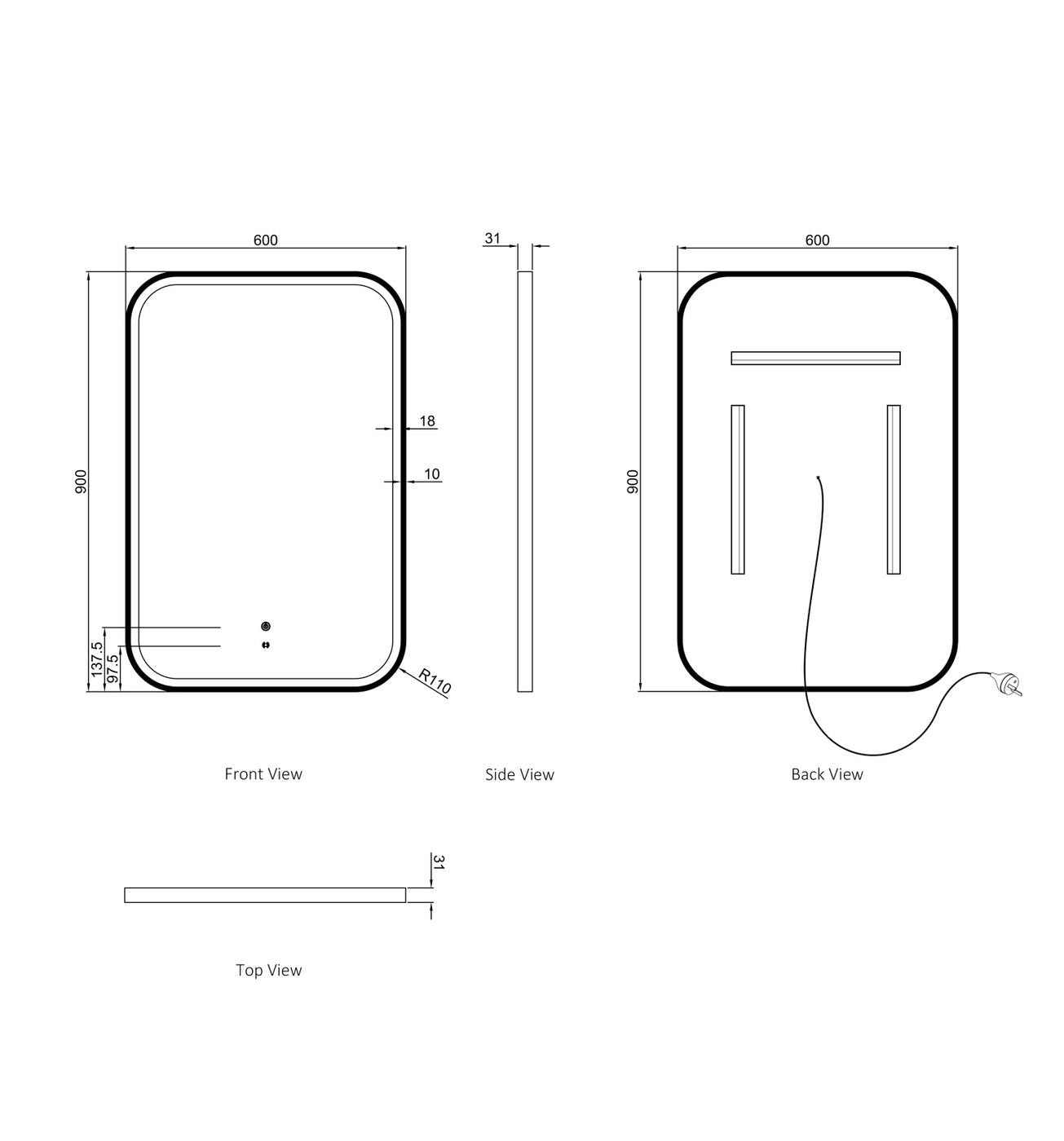LED Newport 900(H)x600(W) White Metal Frame Tuffi Mirror- Install Horizontal or Vertical