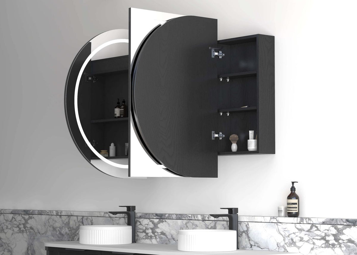 LED Bondi 1800(W)x900(H) Black Oak Shaving Cabinet - Premium Edition - close-up detail view