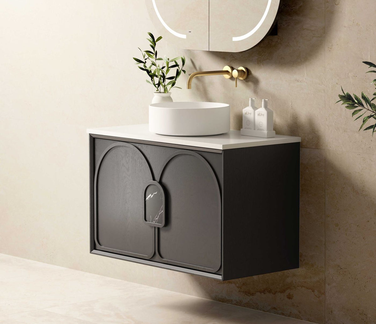 Laguna Mark II 900mm Black Oak Wall Hung Vanity - close-up detail view