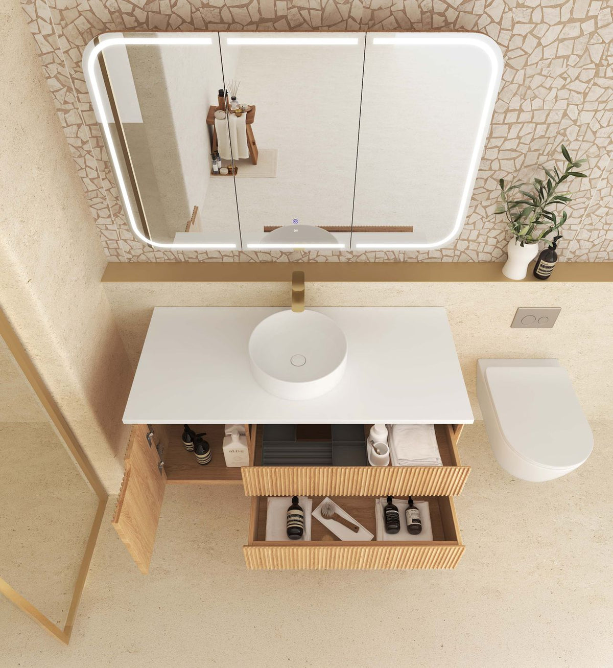 Byron Fluted 1200mm Woodland Oak Wall Hung Vanity - side profile view
