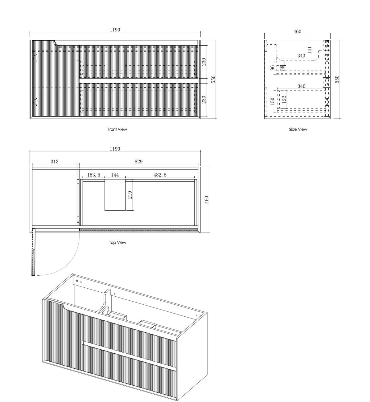 Otti Byron Fluted Vanity 1200mm Single Basin